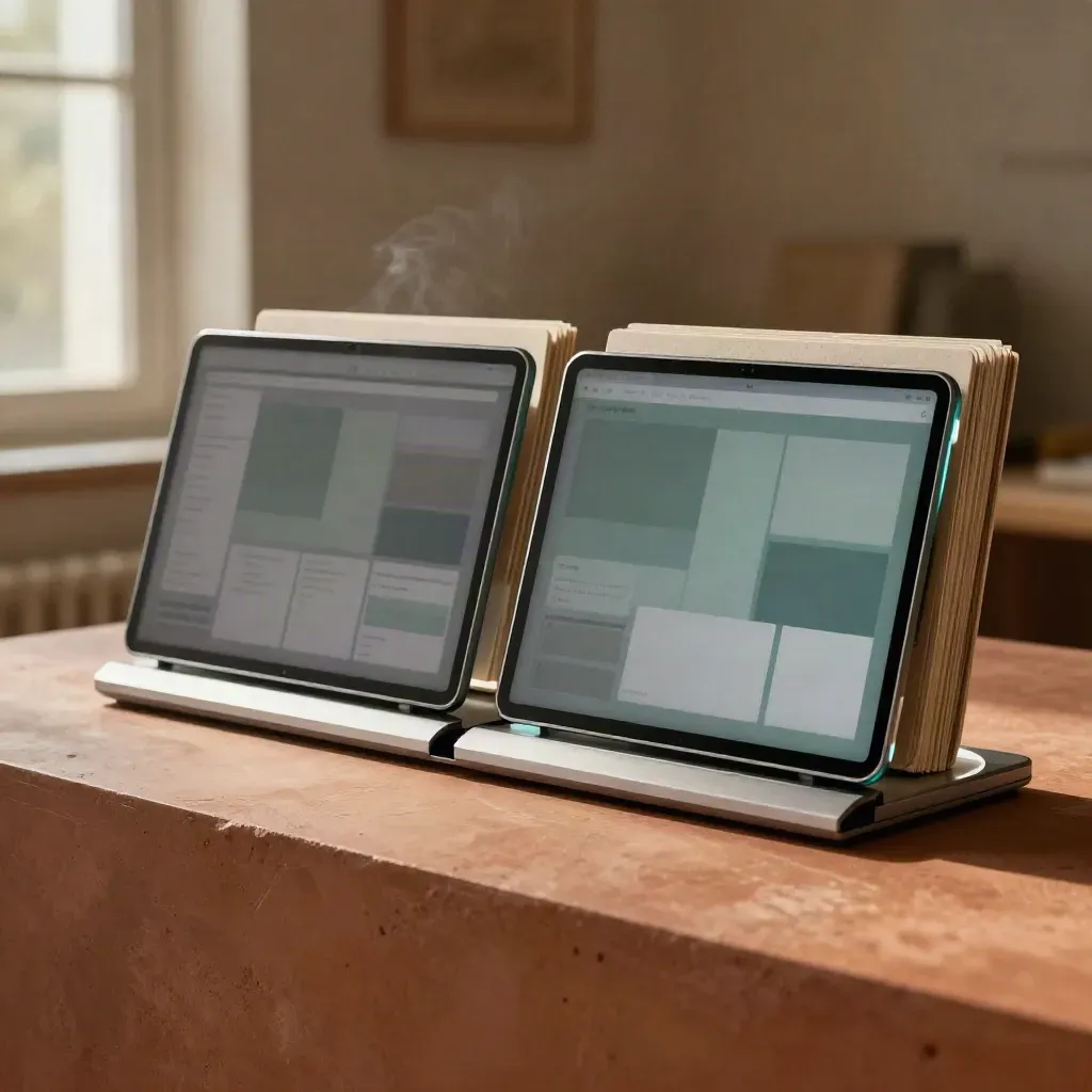 Two linked analytics screens on terracotta with stacked cards and soft teal glow.