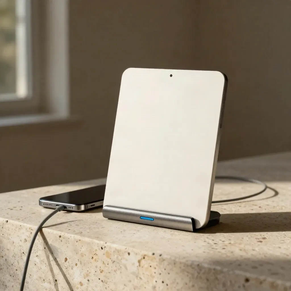 Starter Site Plan dashboard slab beside a slim phone and cable loop on travertine