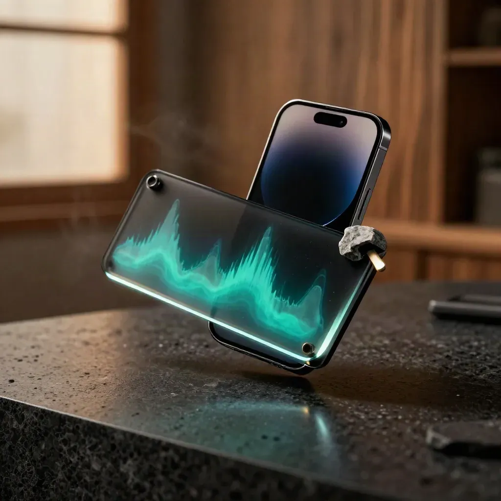 Smoked-glass heatmap add-on, companion phone and stone chip glowing in a dark studio.