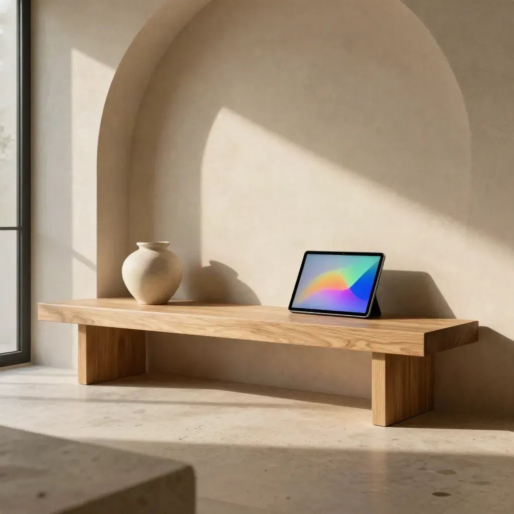 Travertine gallery room with oak bench, plaster arch, ceramic vessel and soft analytics glow.